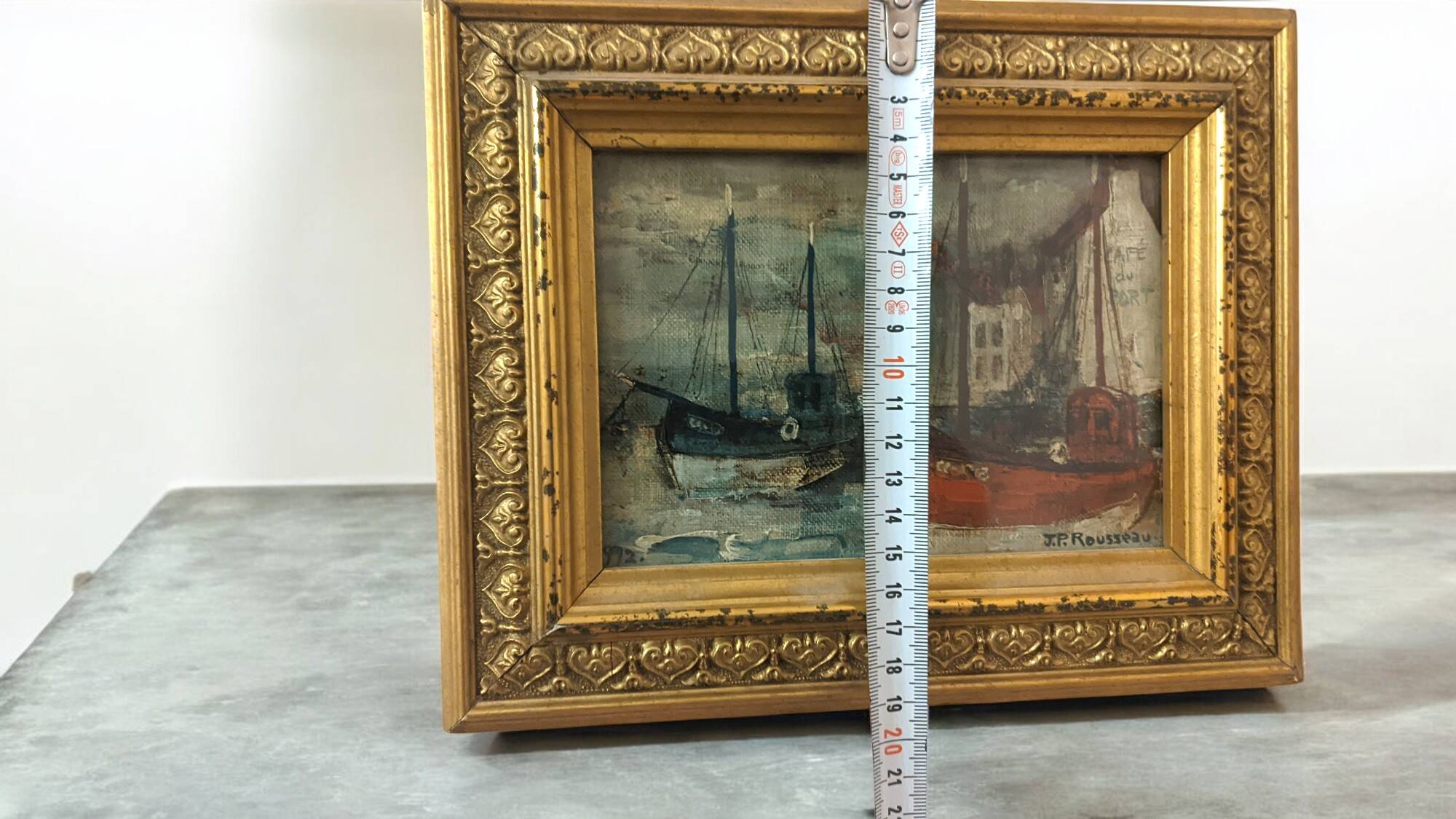 small marine oil painting boats blue red tones Jp Rousseau certificate gold frame