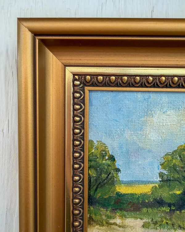 Tableau ancien ''Grange rouge et poules