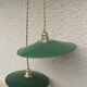 Pair of old pendant lights in green and white enamelled sheet metal, industrial style, retro farmhouse