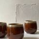 Service of 6 coffee cups in handcrafted glazed ceramic, amber brown, 1970.