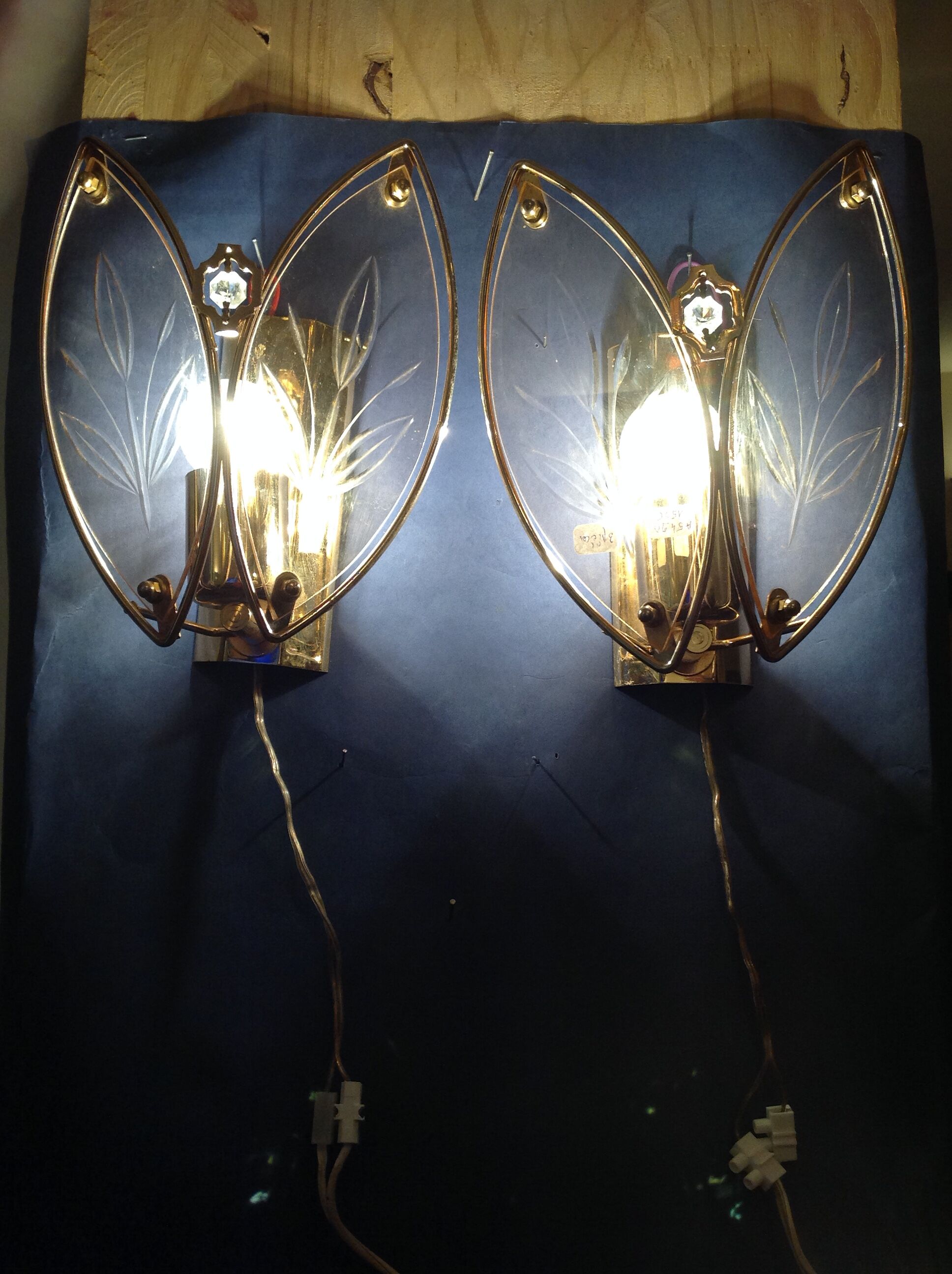 Appliques vintage en verre et métal doré
