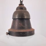 French hanging  with an opaline and original chain and gallery in patinated copper