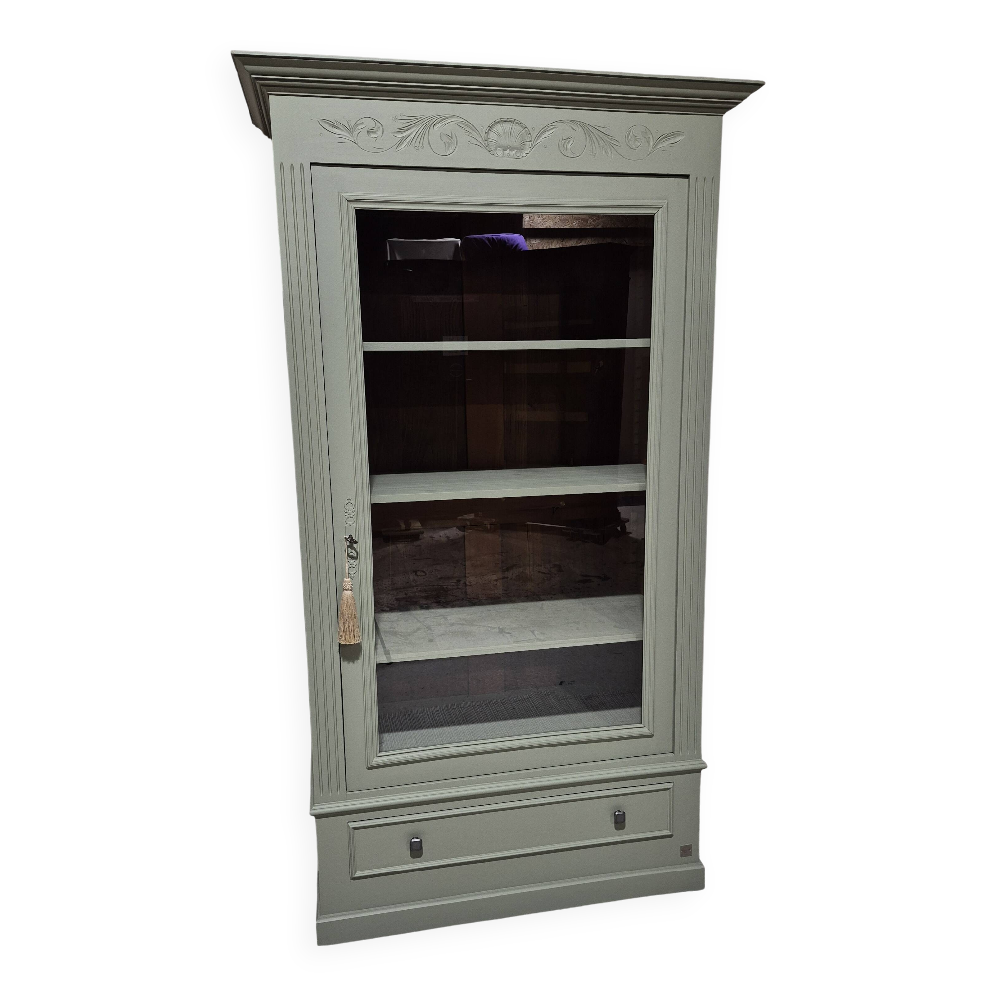 Glass display cabinet with drawer