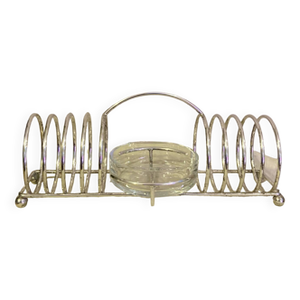 Silver metal toast holder + glass butter dish 1960s/70s