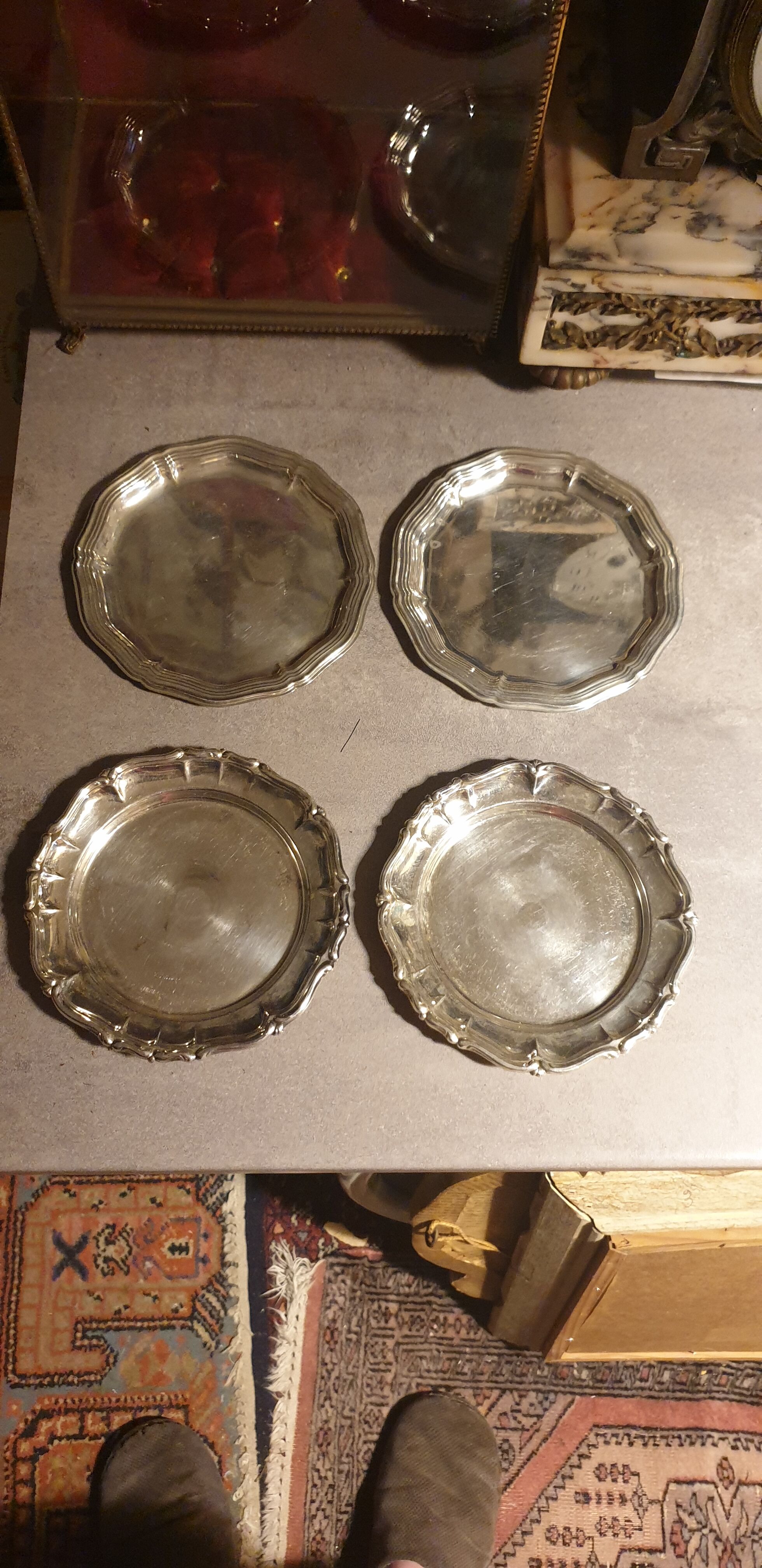 4 carved silver metal coasters