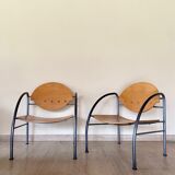 Pair of wooden and steel armchairs, 1980's