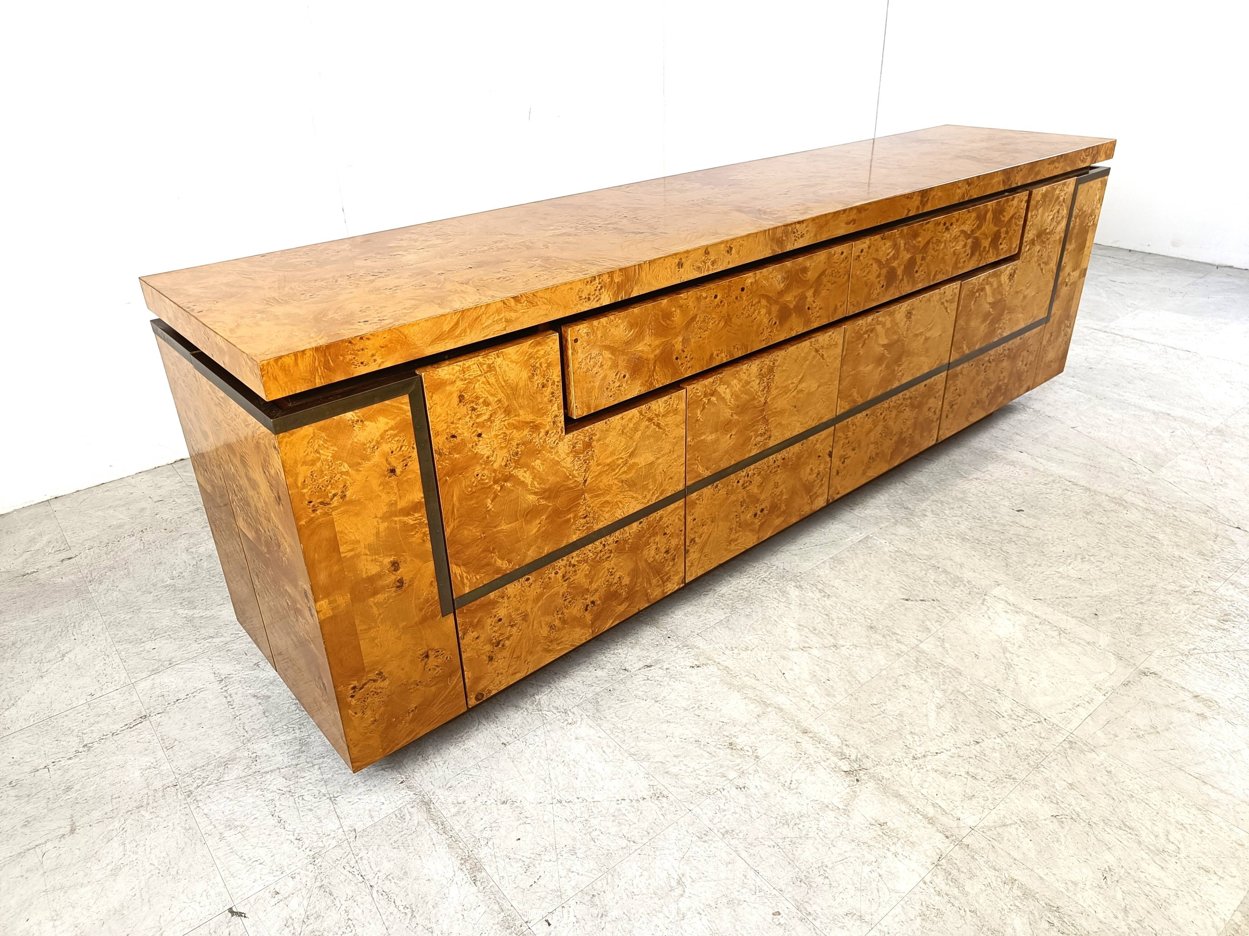 Burl wood credenza by Jean Claude Mahey, 1970s