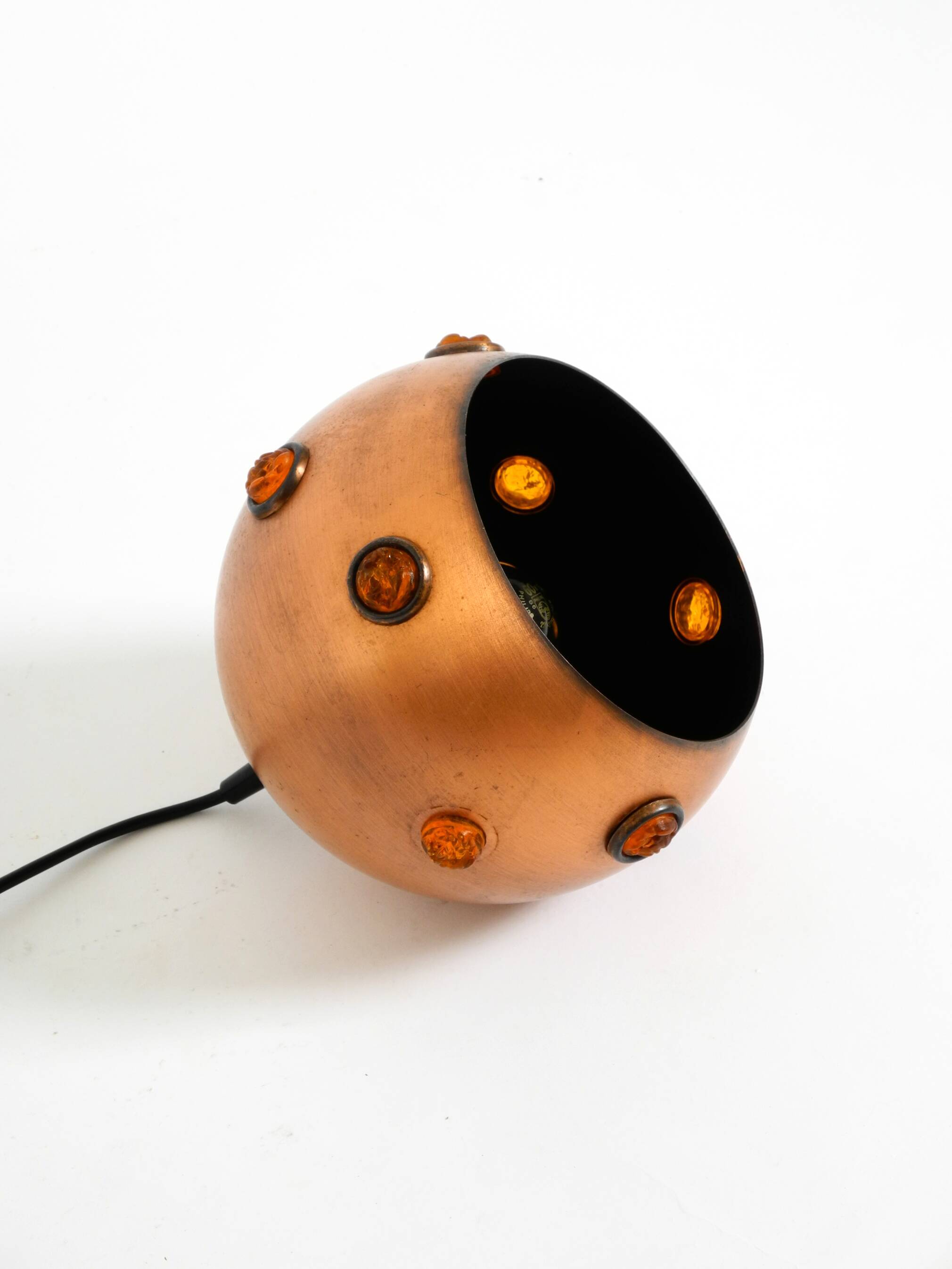 Original 1960s solid copper pendant lamp with orange synthetic glass stones