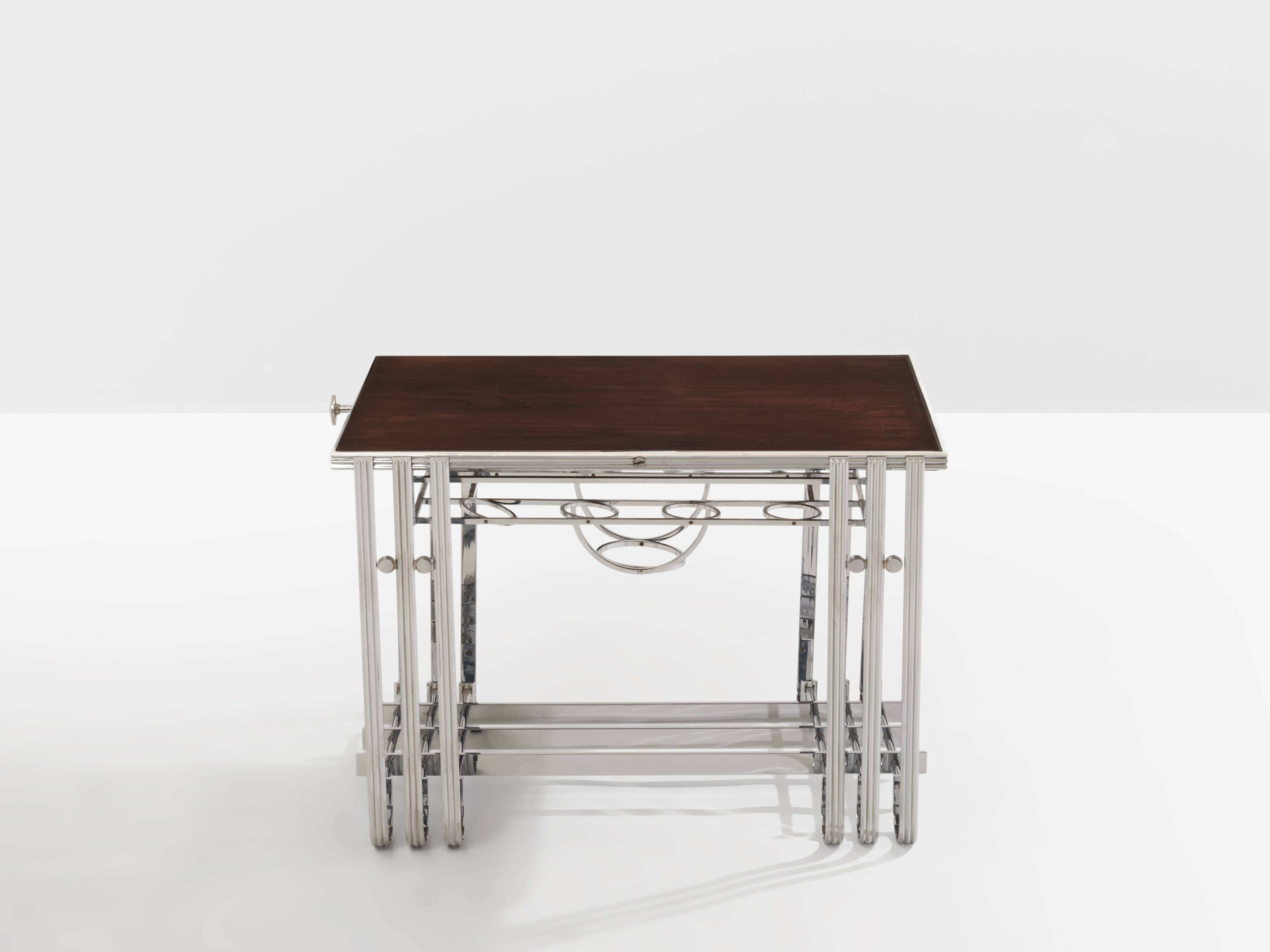 Modernist Art Deco walnut and nickel-plated metal bar table circa 1930