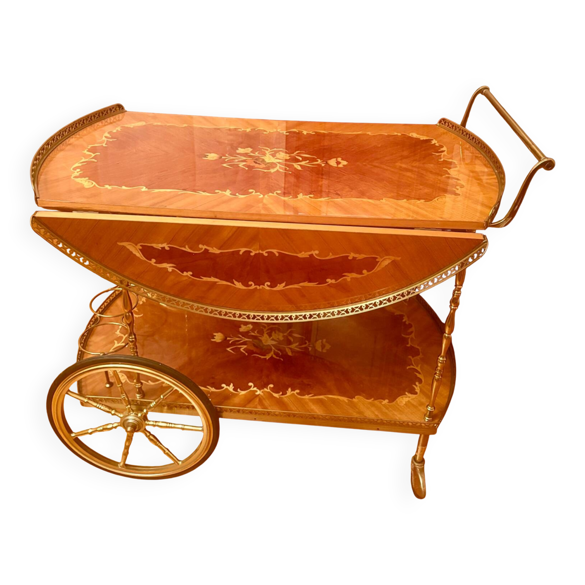 Desserte, chariot de bar marqueterie en fleur