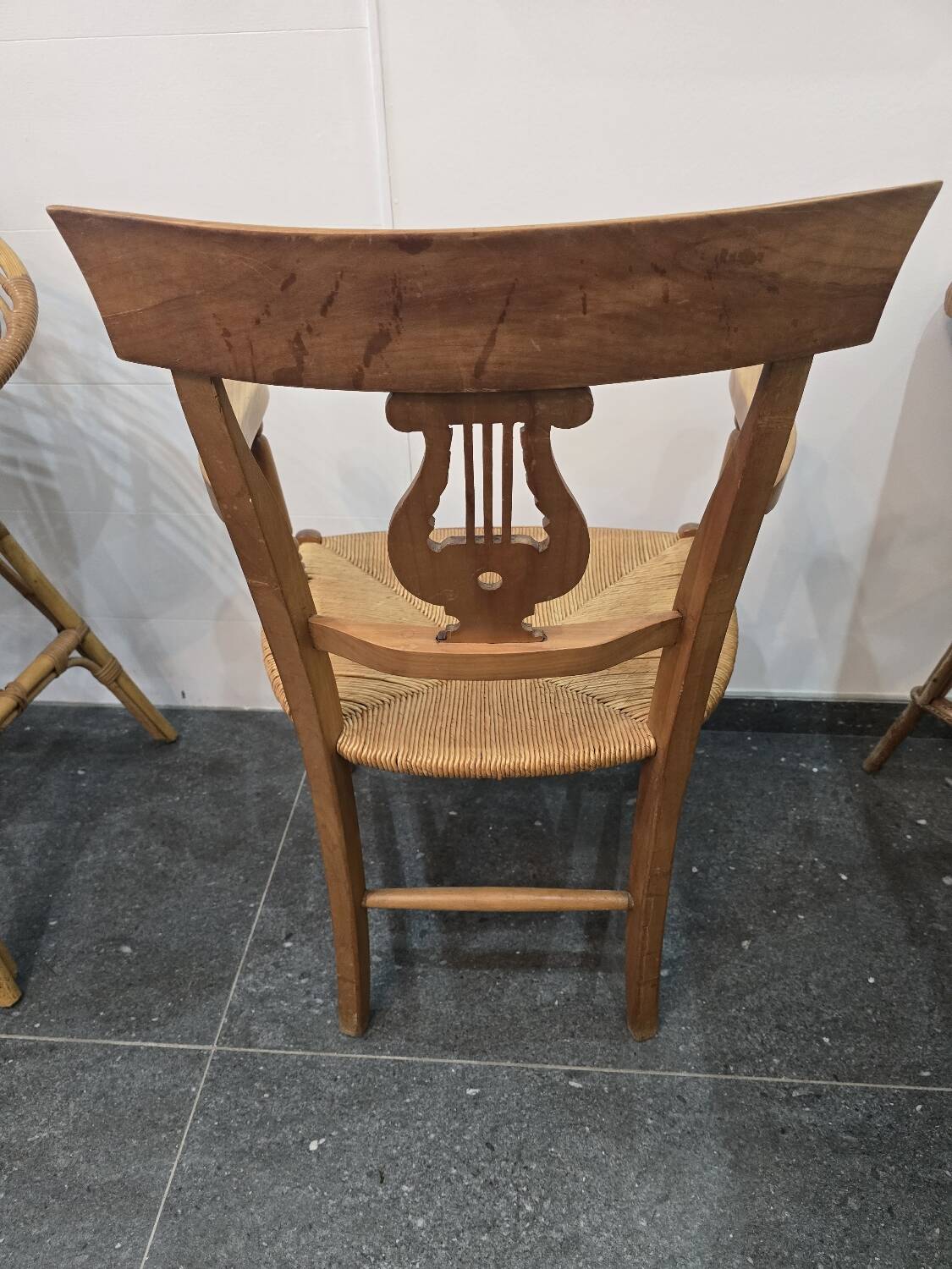Pair of antique lyre-shaped armchairs – woven straw seats