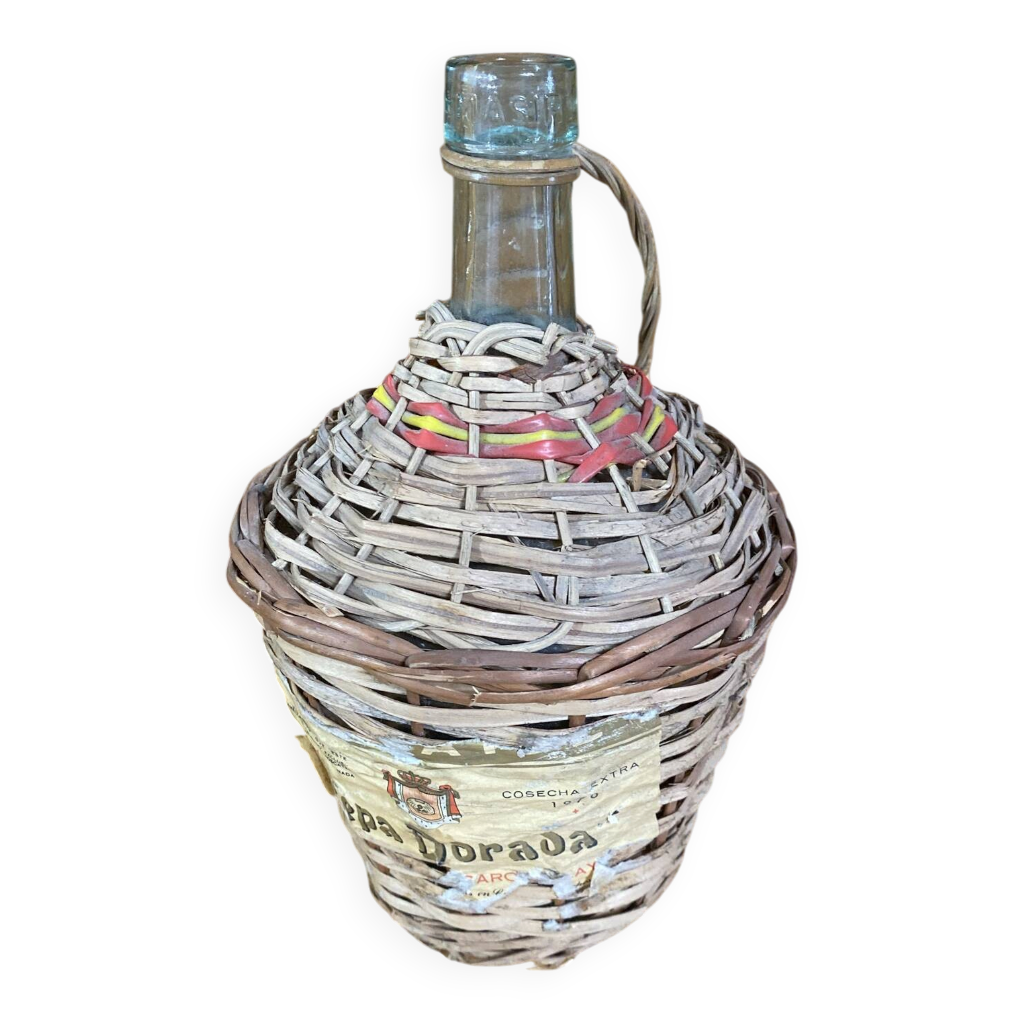 Old Dame Jeanne Bottle Glass + Woven Rattan Vintage #E527