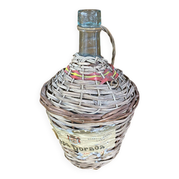 Old Dame Jeanne Bottle Glass + Woven Rattan Vintage #E527