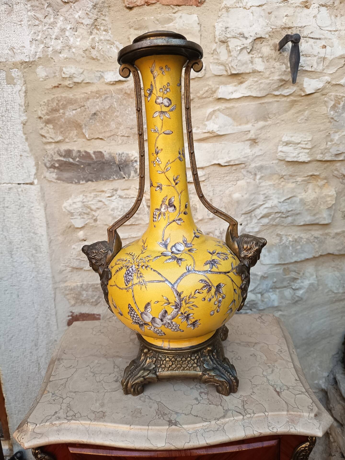 Large lamp base - 43 cm - yellow earthenware with polychrome glazes - 20th century