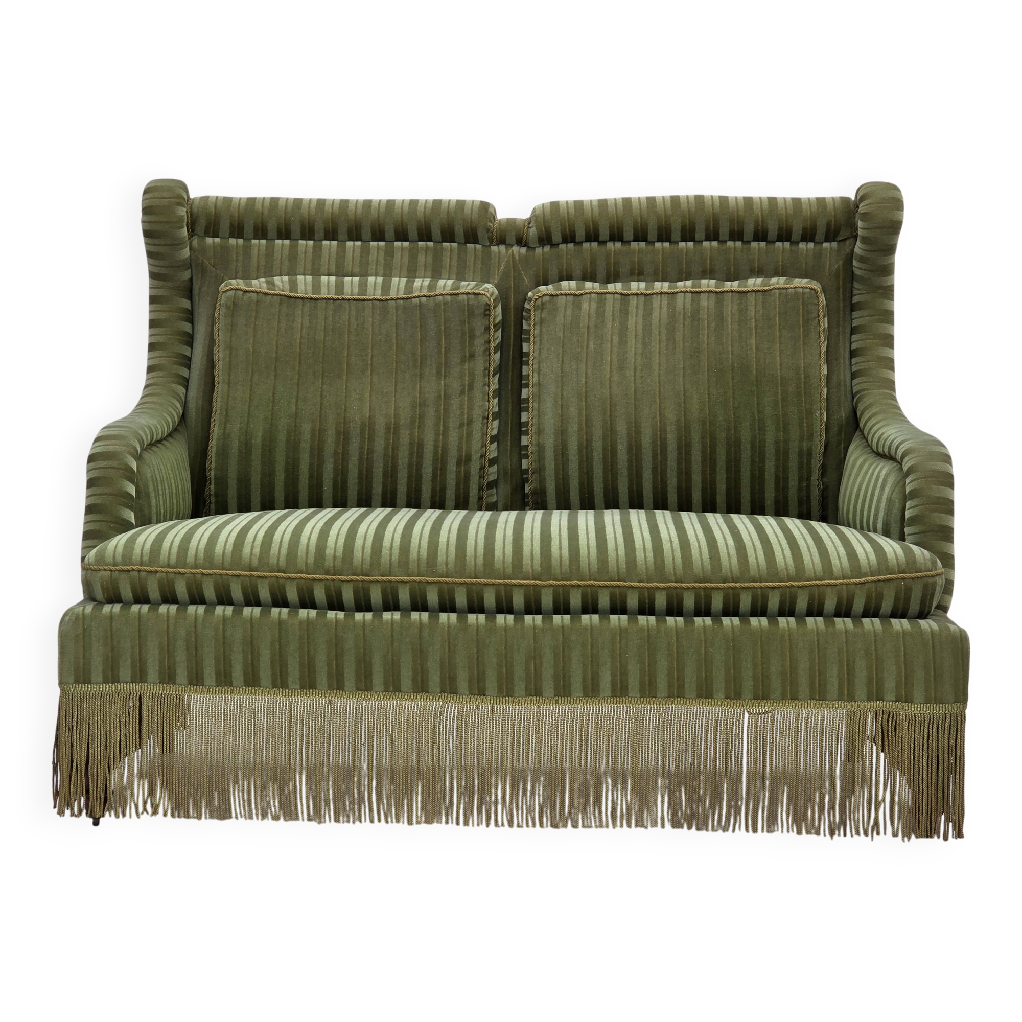 1950s, Danish 2-seater sofa, green furniture velour, beech wood.