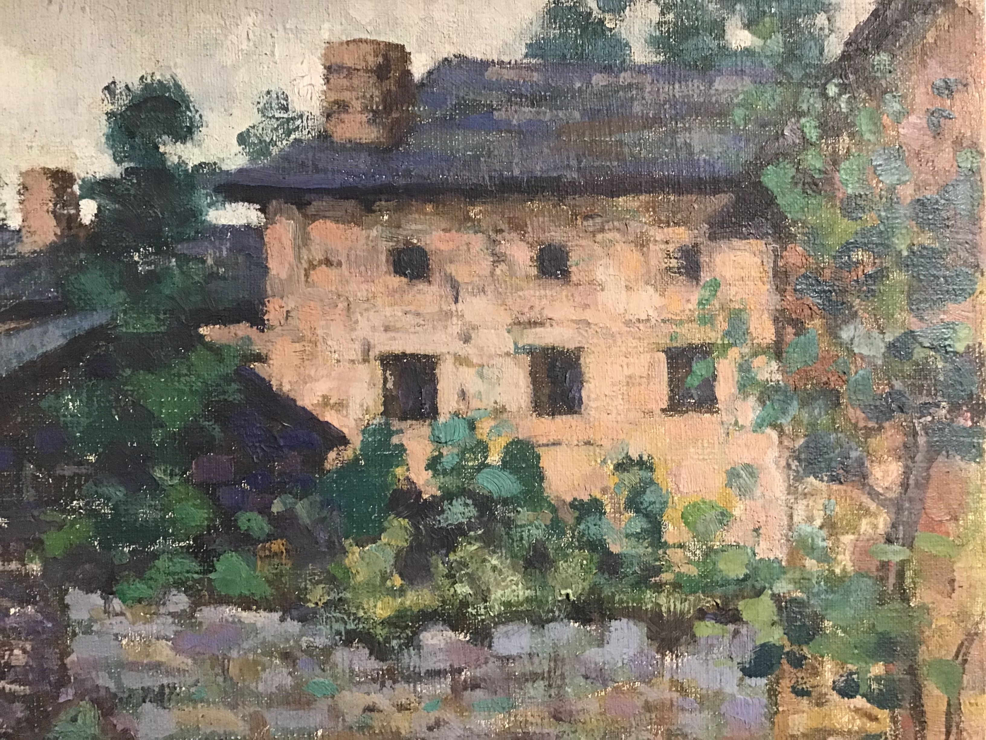 Ancient landscape painting of Auvergne , signed Gabriel Moiselet 20th century