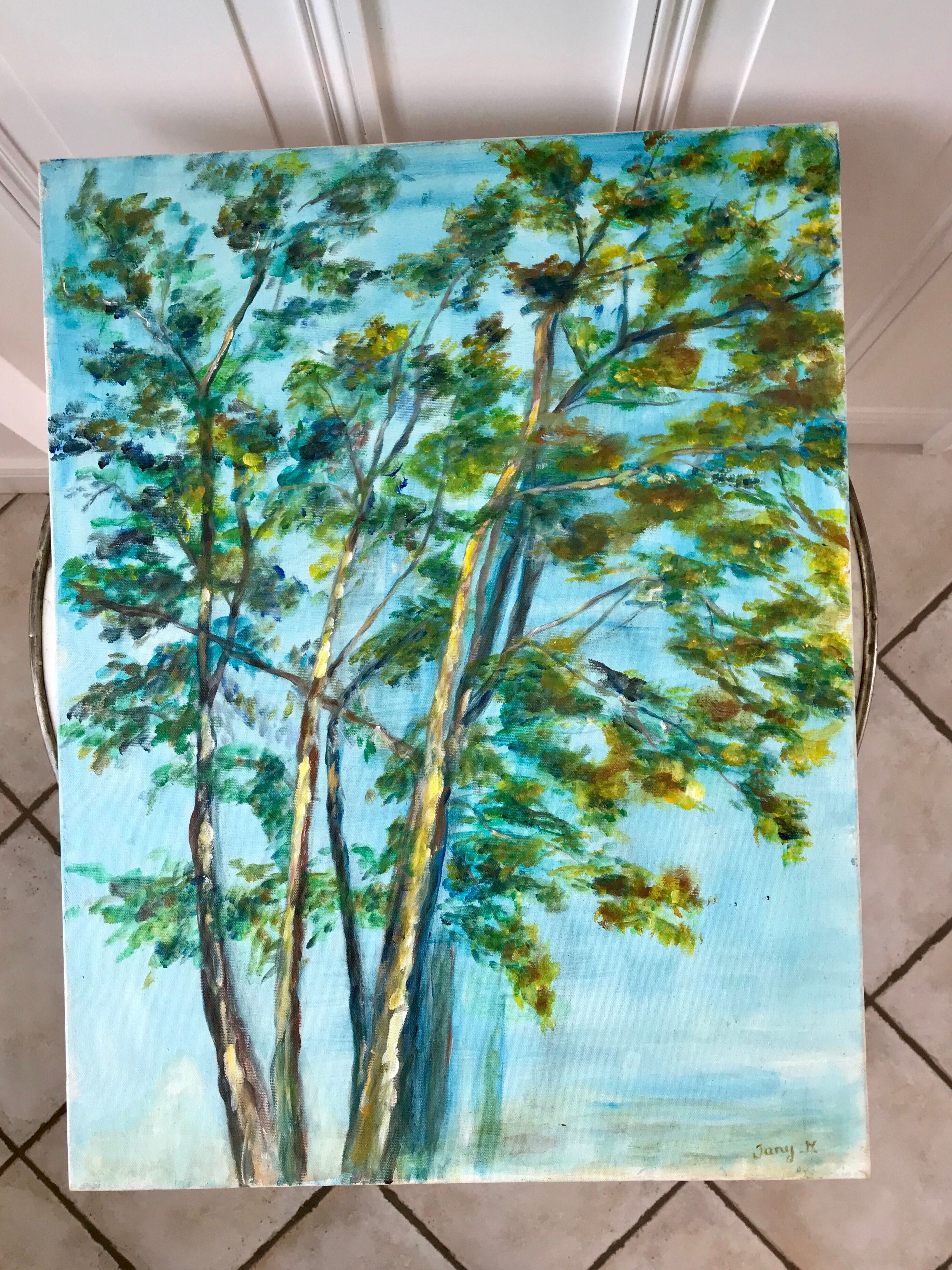 Tableau huile sur toile paysage arbre signé vintage