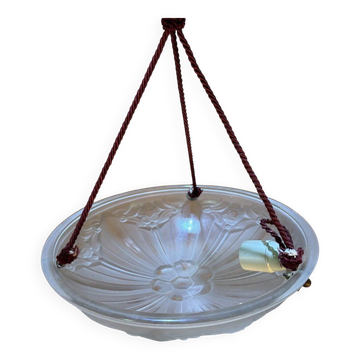 Plafonnier Sonover Art déco en verre pressé, suspendu par cordage – vers 19