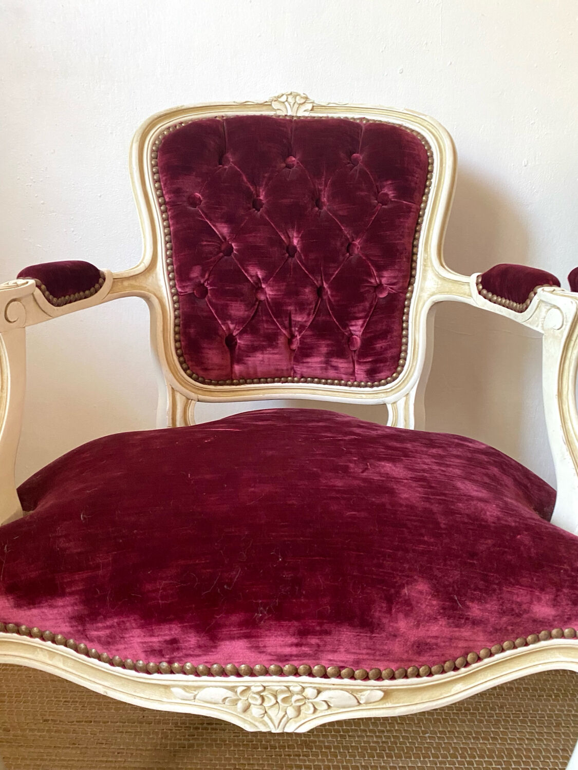 Pair of Louis XV style upholstered velvet armchairs