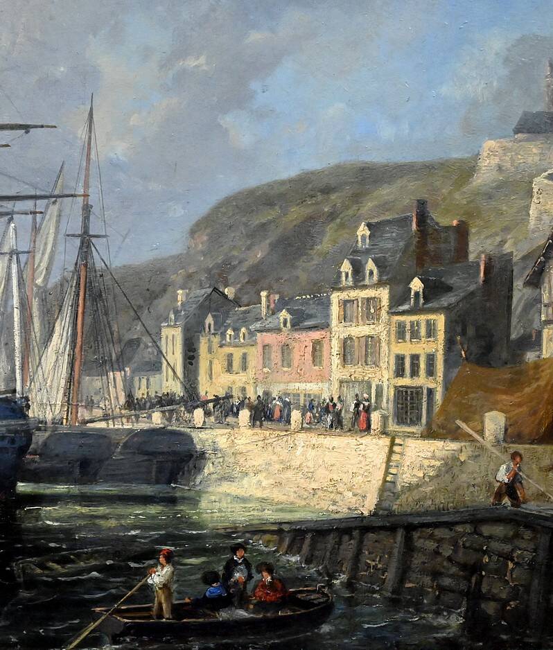 Tableau "Quay in Light", oil on panel, signed Jules d'Évry – Mid 19th century
