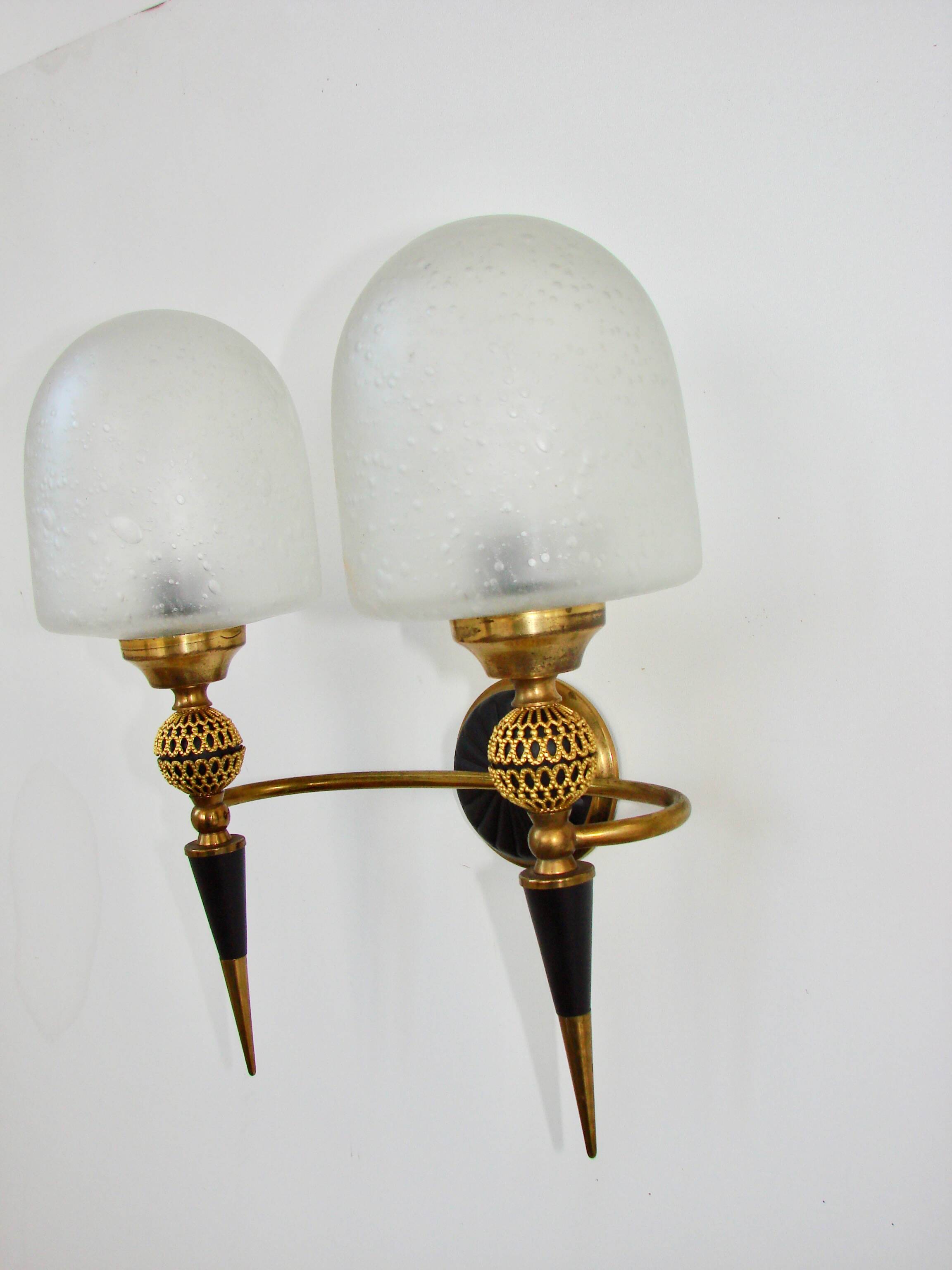 Mid-century brass wall lamp, 1950s, glass and brass, 2xE14