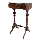 Table de couture/console antique avec rangement intégré - acajou poli à la main - pieds tournés - année 1890.