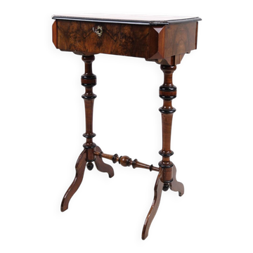 Antique sewing/side table with built-in storage - hand polished mahogany - turned legs - year 1890s