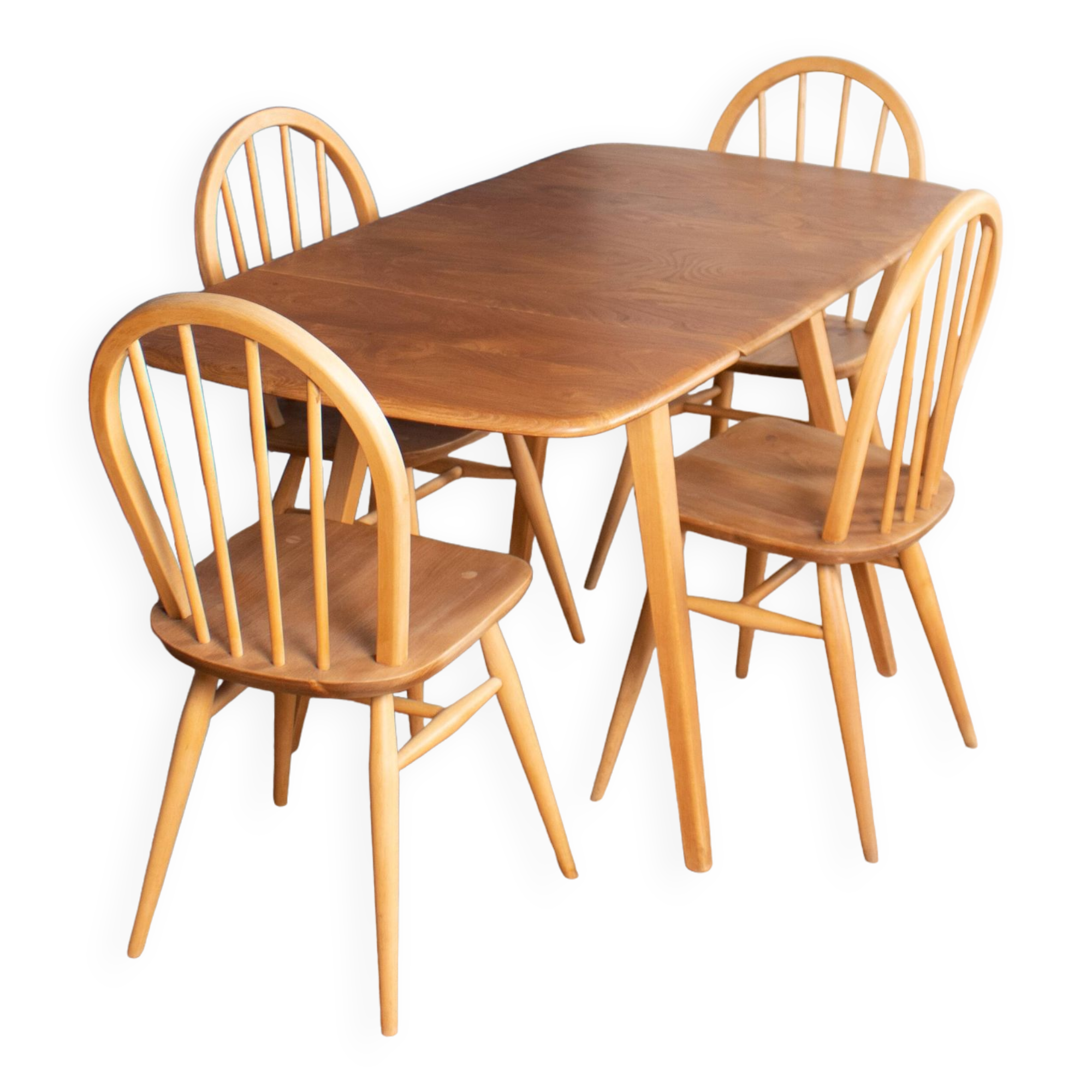 Retro Blonde Ercol Model 383 Dining Table & Four Model 370 Windsor Kitchen Dining Chairs