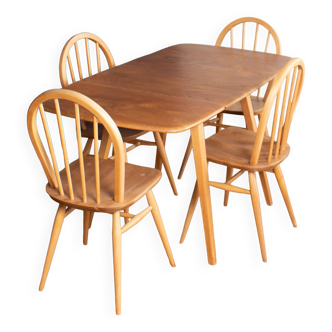 Retro Blonde Ercol Model 383 Dining Table & Four Model 370 Windsor Kitchen Dining Chairs