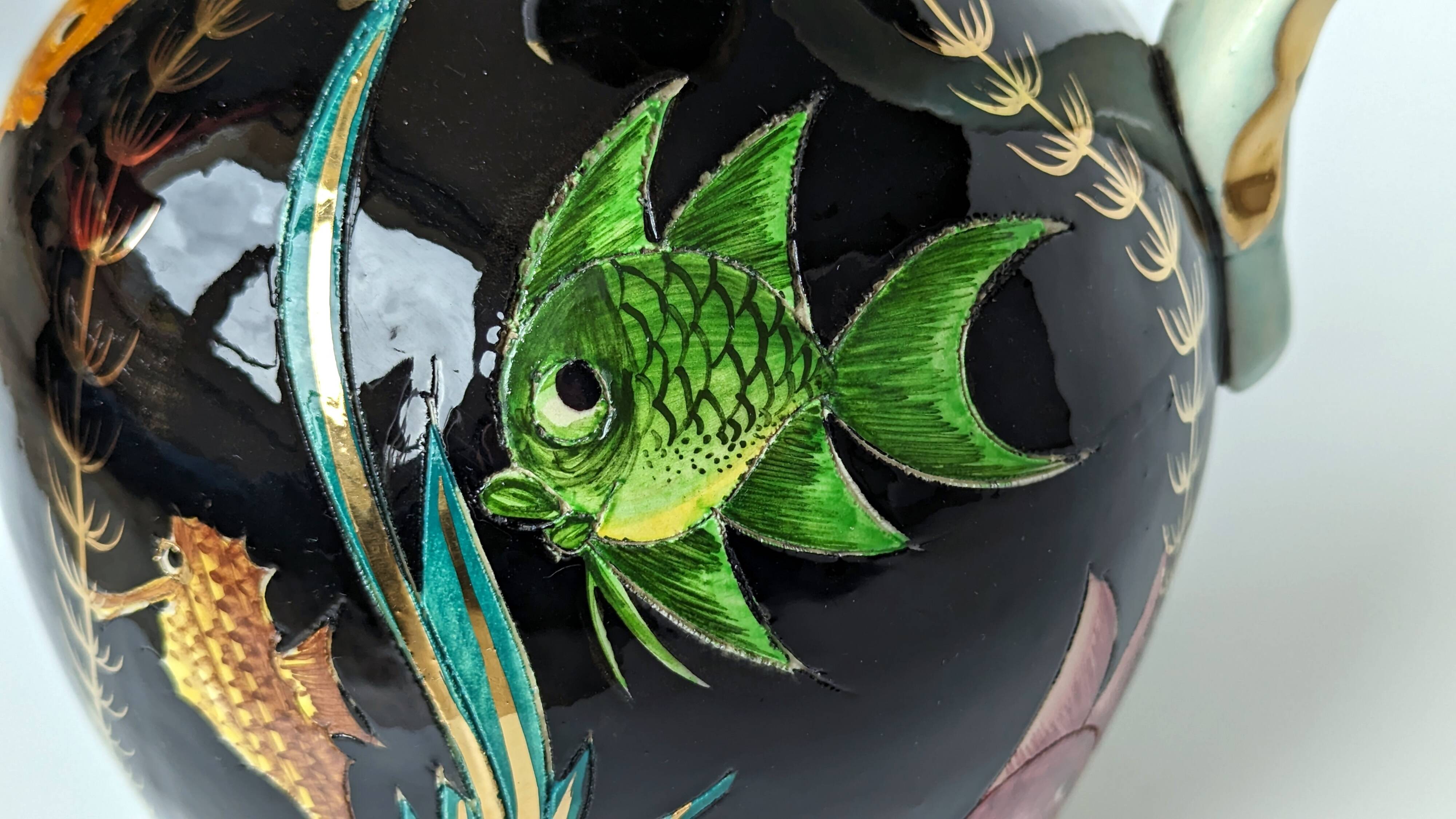 Large pitcher / Monaco vase in polychrome earthenware with bas relief decoration of fish on a seabed