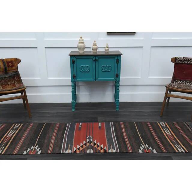 Tapis de couloir vintage turc Oushak fait main en laine et coton marron