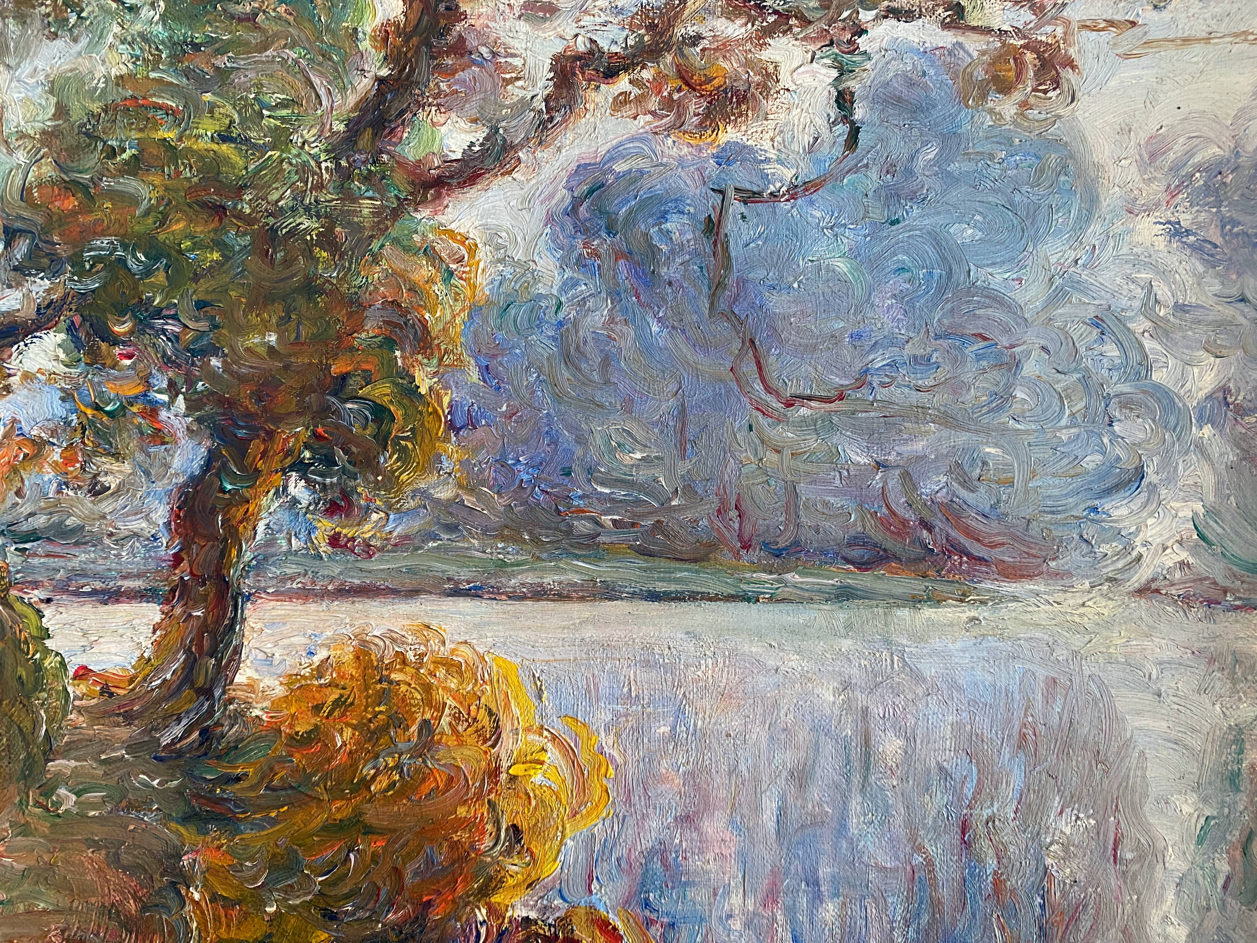 Painting by A. Bonabeau "Wooded riverside" HST, frame circa 1950