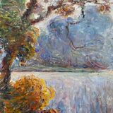 Painting by A. Bonabeau "Wooded riverside" HST, frame circa 1950