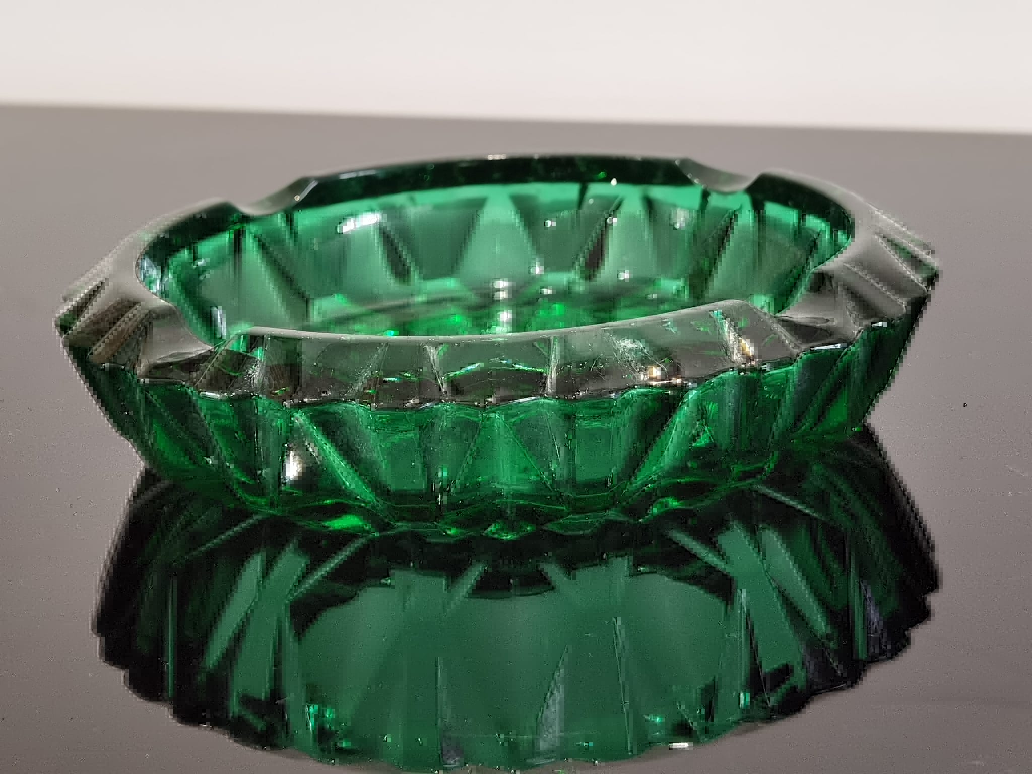 Ashtray in transparent cut glass green color made in france