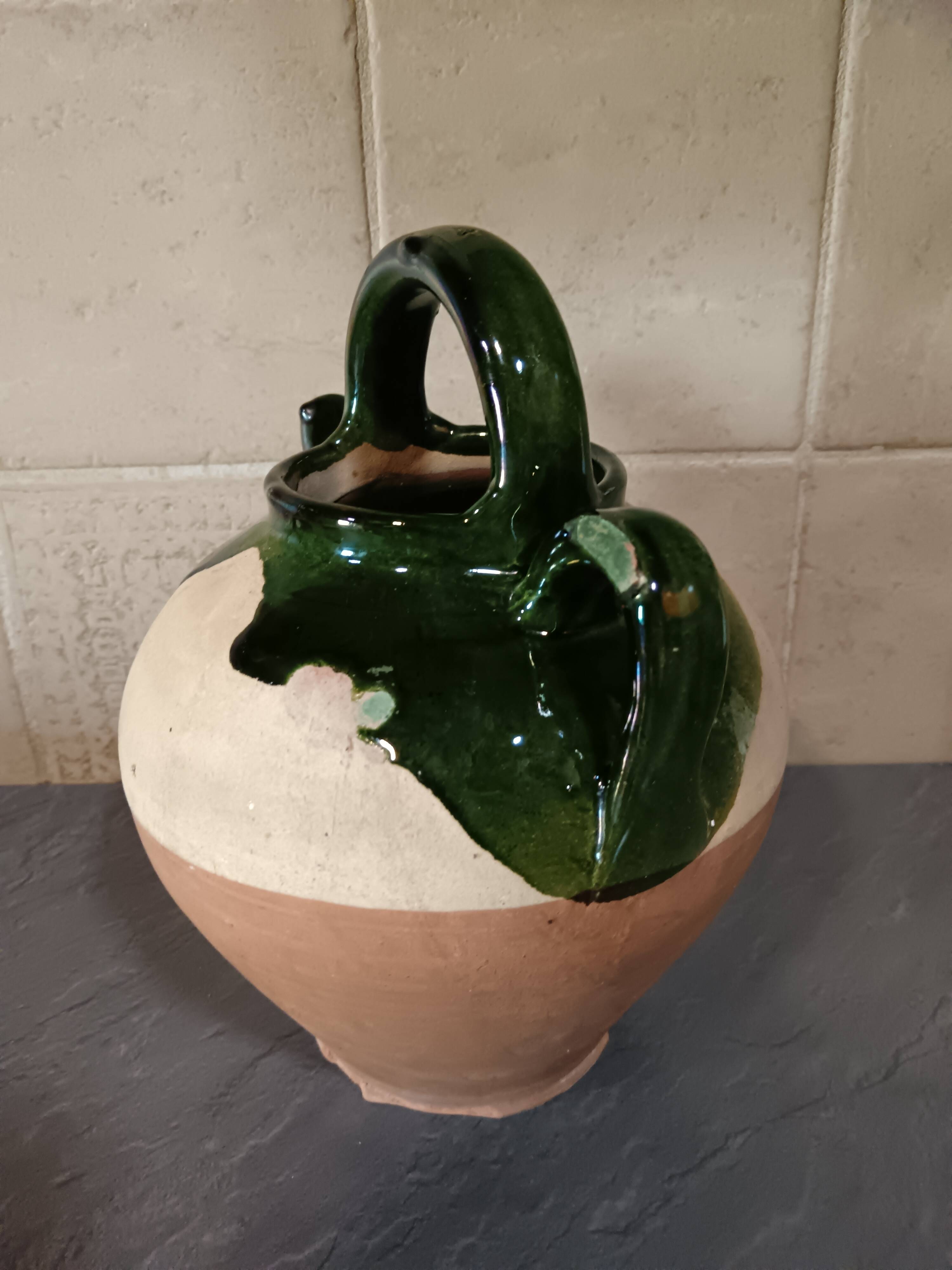 Cruche ancienne terre cuite émaillée verte XIXème siècle