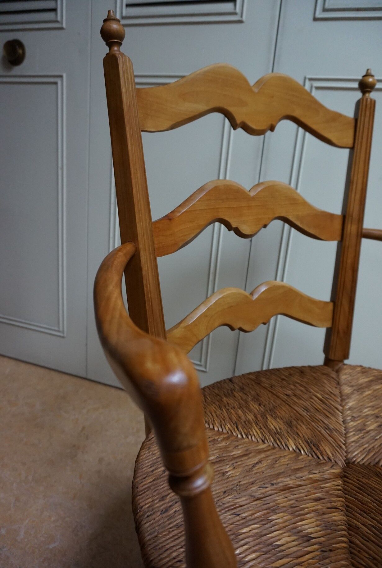 French country provence beech wood armchair with rush wicker seat