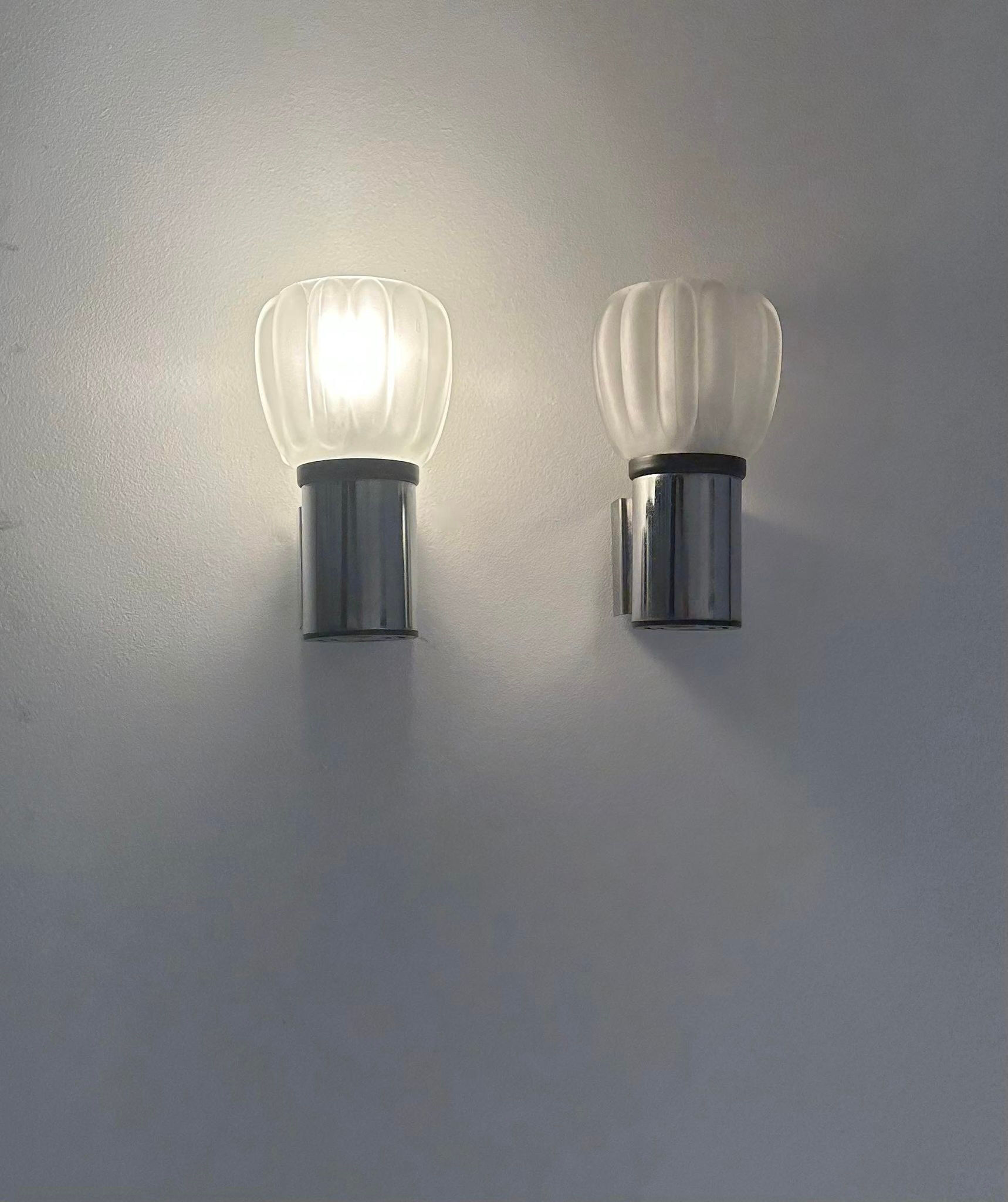 Pair of vintage wall lamps, sandblasted glass and chromed metal, France 1970