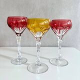 Coloured crystal glasses, wine glasses, set of 3, mid century bar