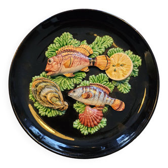 Majolica plate, marine decor, Vallauris style, 1950s