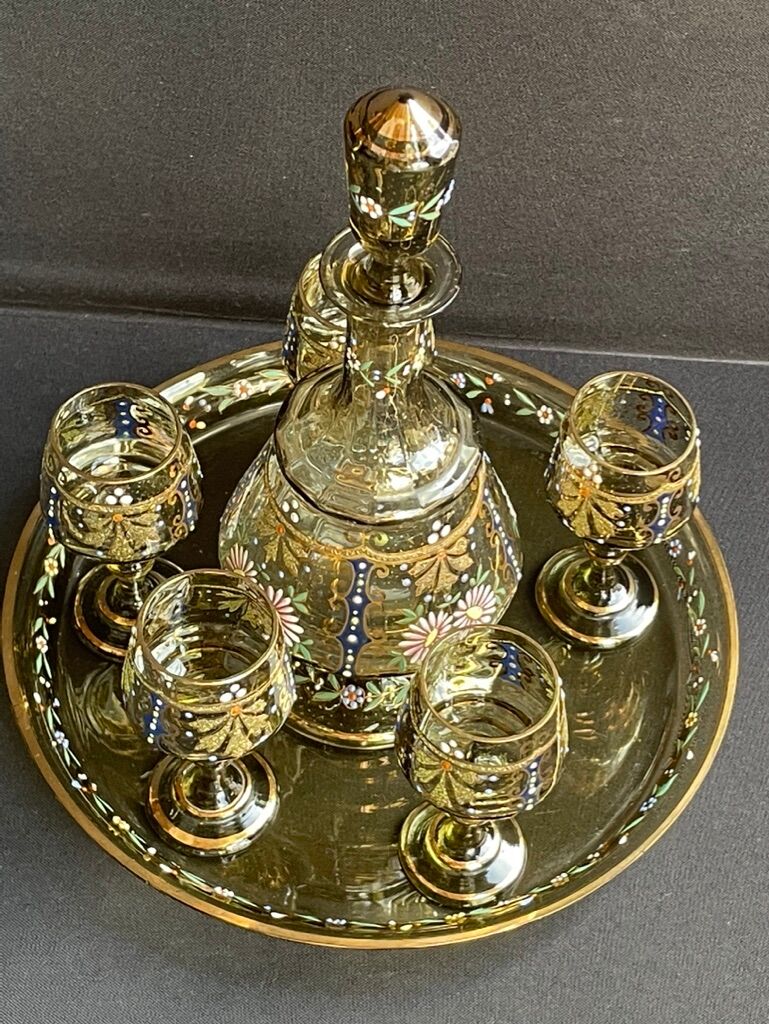 Amber crystal enamel and gilded liquor service