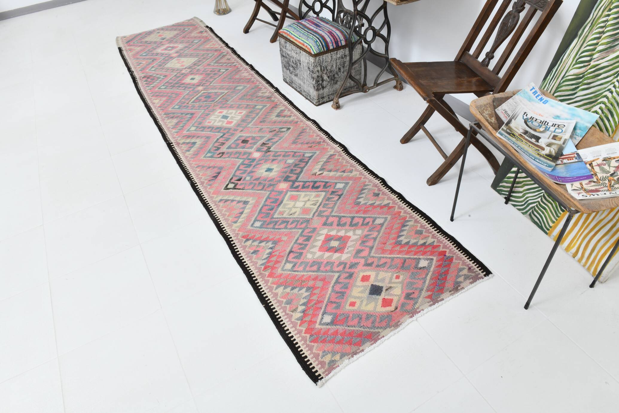 3x12 Soft Wool Pink Oriental Vintage Kilim Runner Rug