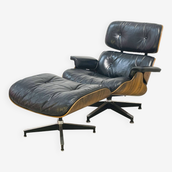 Vintage armchair with ottoman in Rio rosewood by Charles and Ray Eames, 1970s