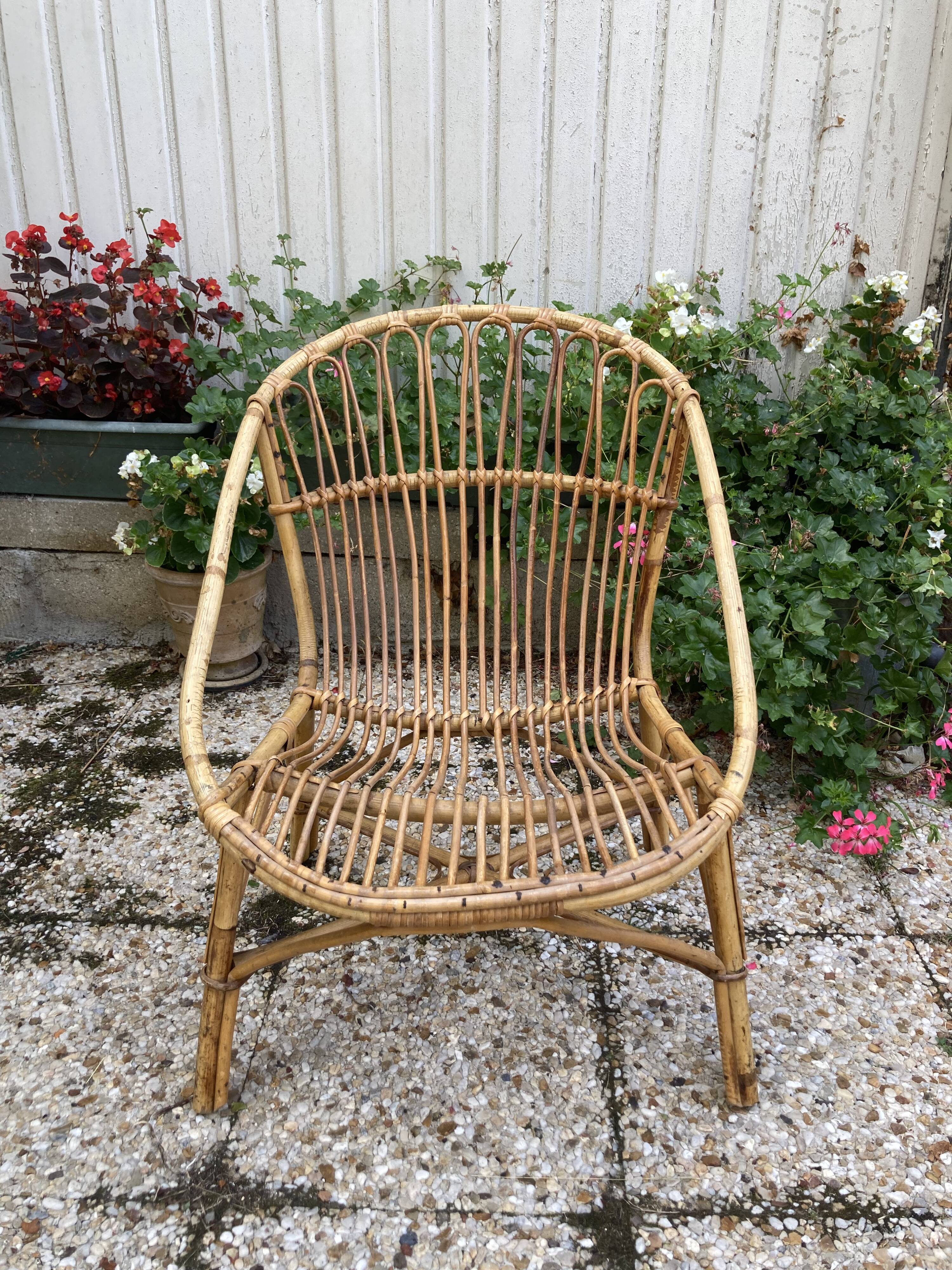 Set of 3 vintage rattan armchairs