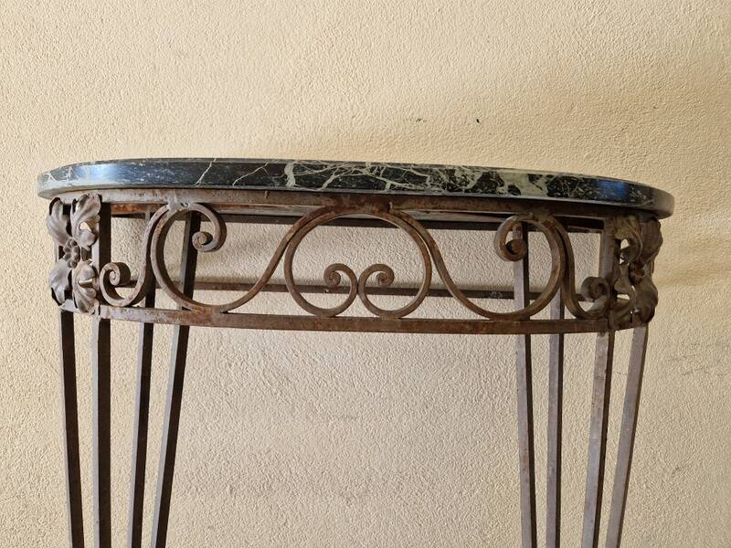 Half moon console - Wrought iron and green marble top - Design 1940