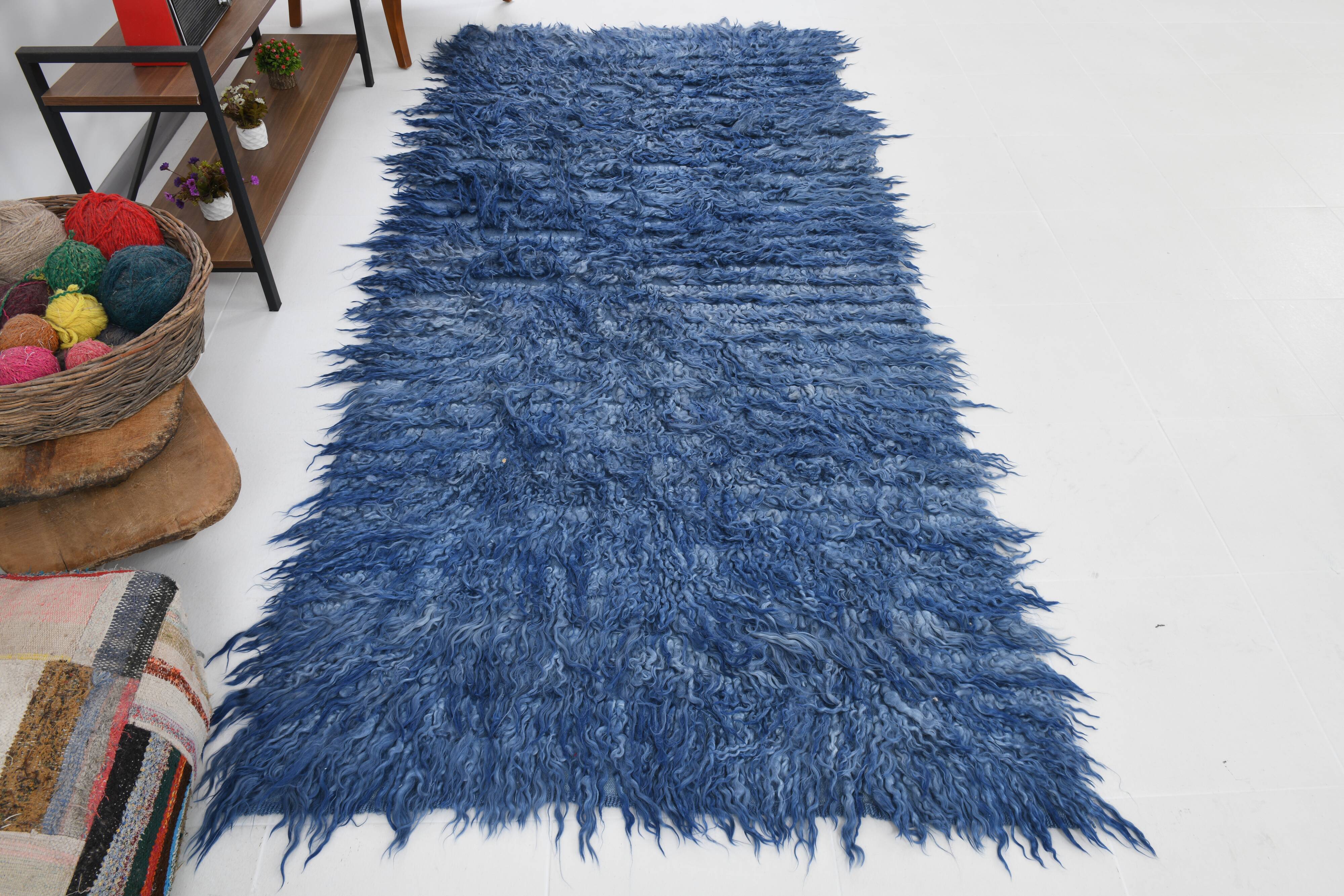 4x9 handmade wool blue vintage rug, 122x266cm