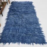 4x9 handmade wool blue vintage rug, 122x266cm