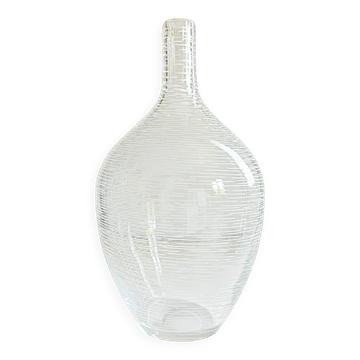 Grand vase bouteille en verre soufflé cannelé - Années 70