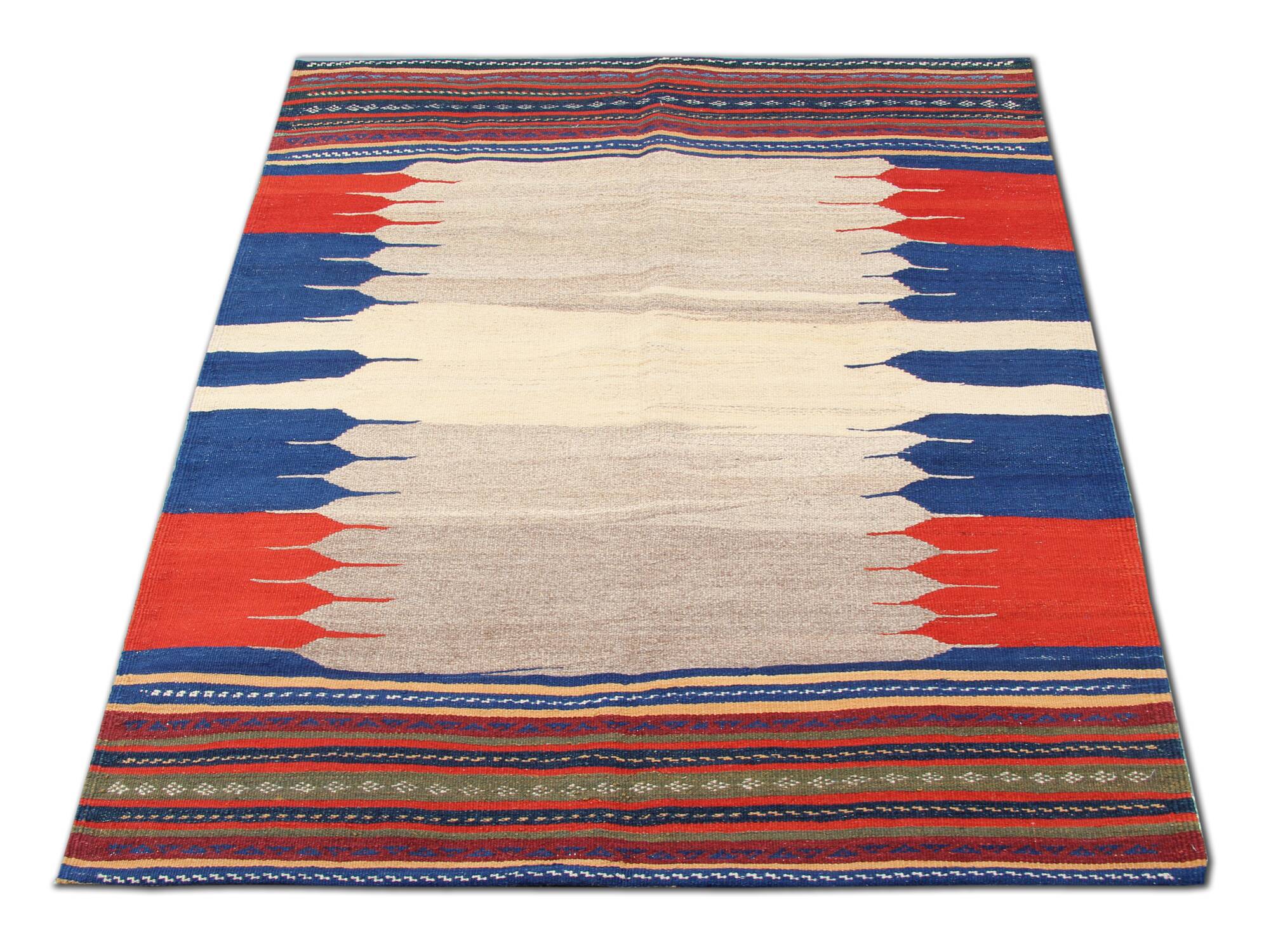 Wool Kilim Rug Earthy Beige, Vibrant Blue & Red 128 x 116 cm