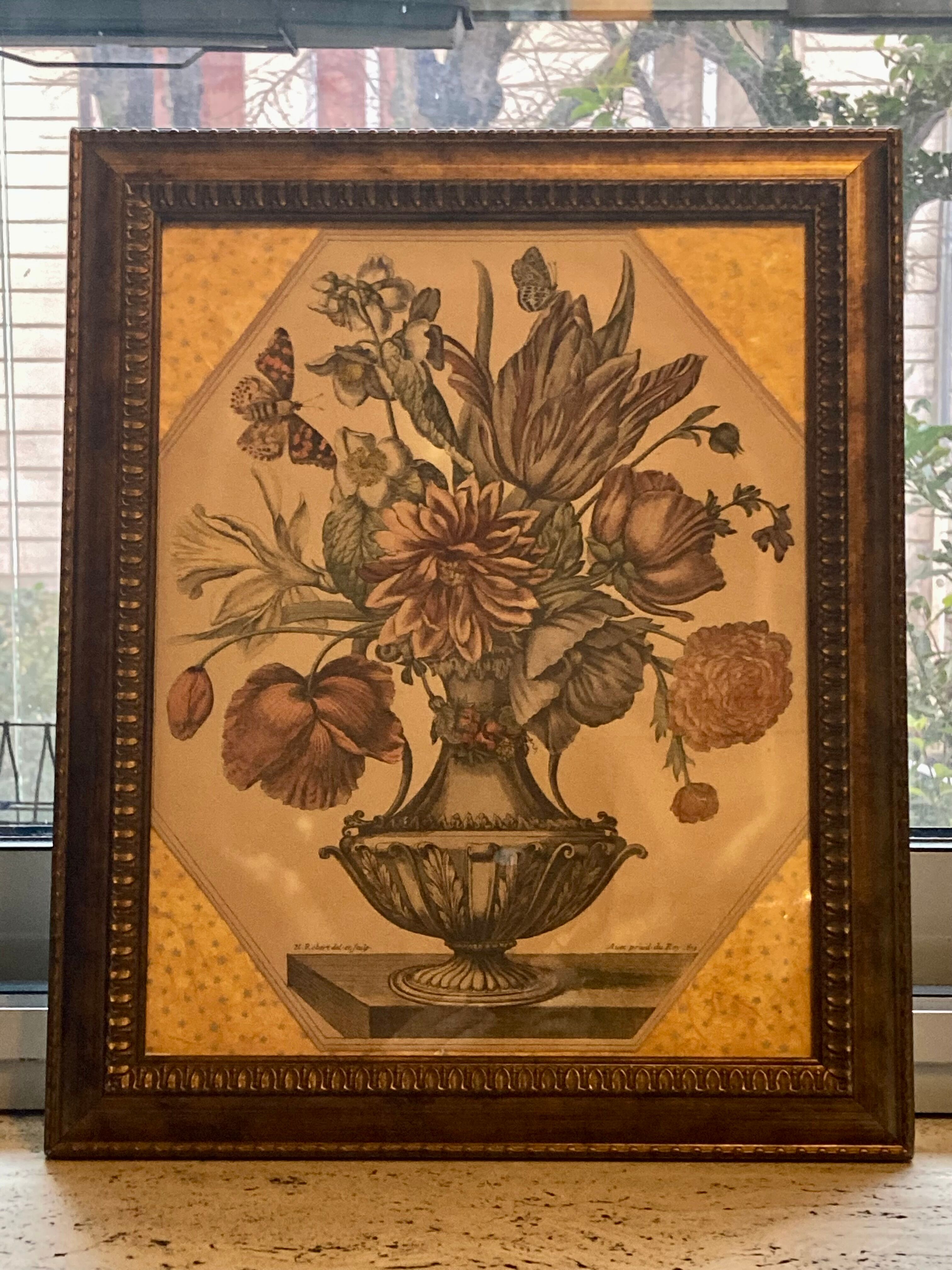 Engraving XVIIth, vase with flowers & butterflies - N. Robert