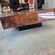 Table basse marqueterie bois de loupe 1970